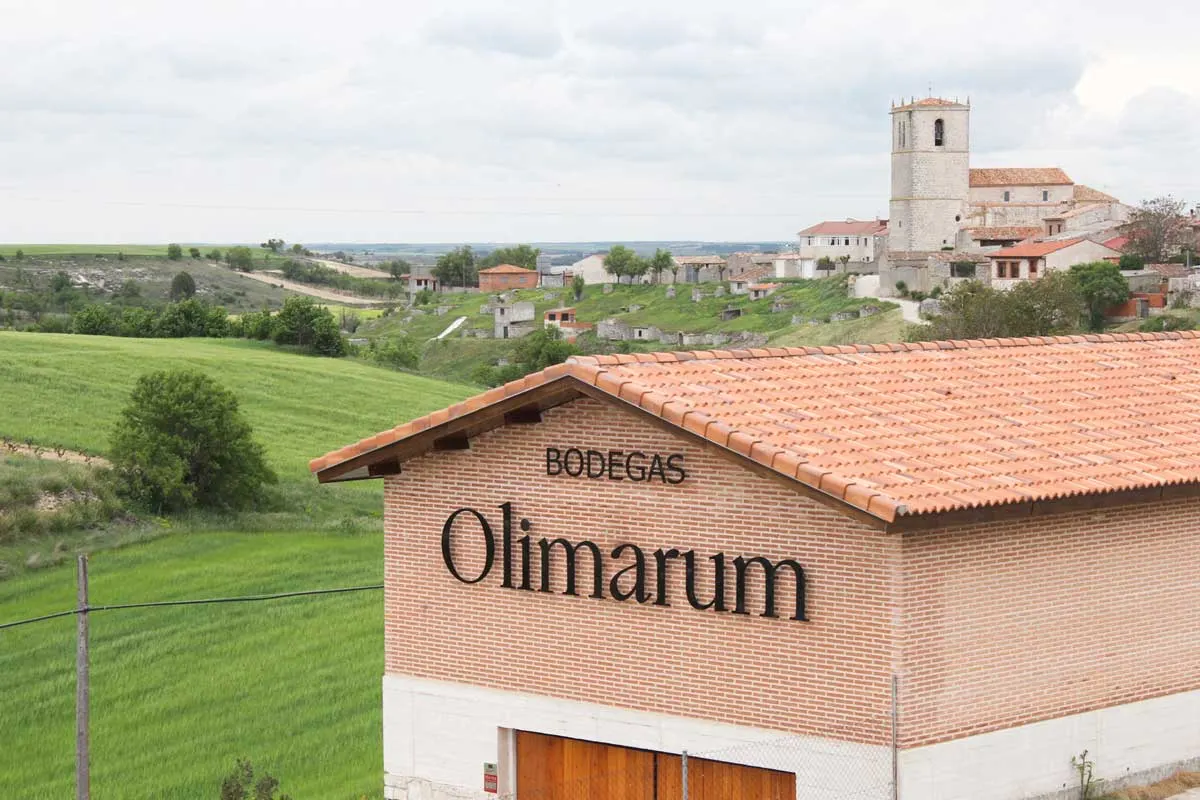 Edificio de Bodegas Olimarum con el pueblo de Canalejas al fondo